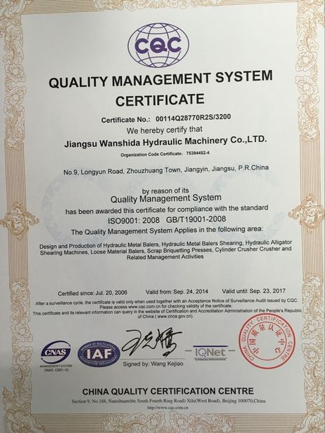 La CINA Jiangsu Wanshida Hydraulic Machinery Co., Ltd Certificazioni